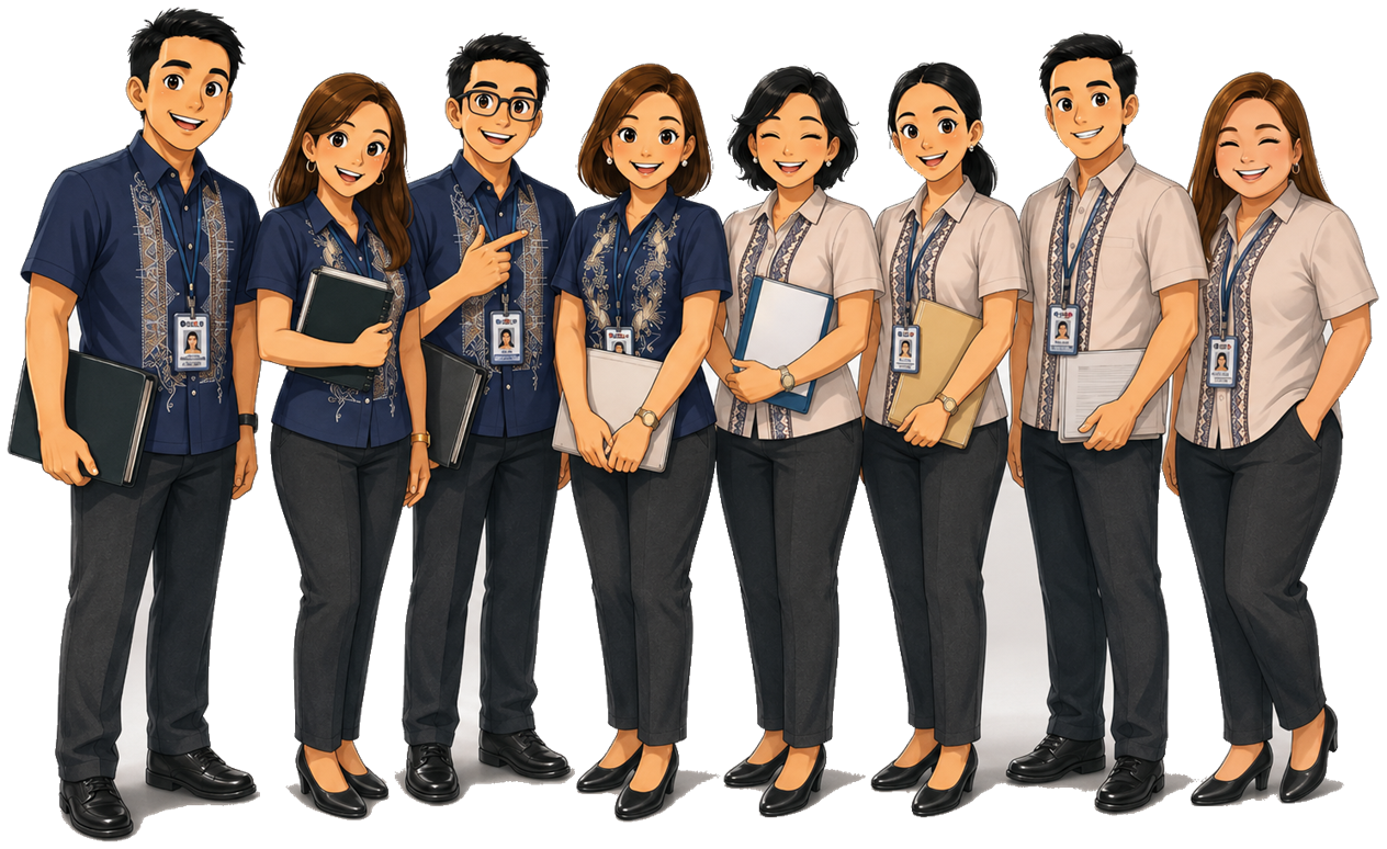 Illustration of San Fernando District teachers and staff holding folders and reports